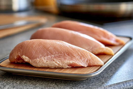 Fresh raw chicken breasts on a bamboo cutting board, preparing healthy meals, cooking poultry for dinner, high protein food ingredient for a balanced diet