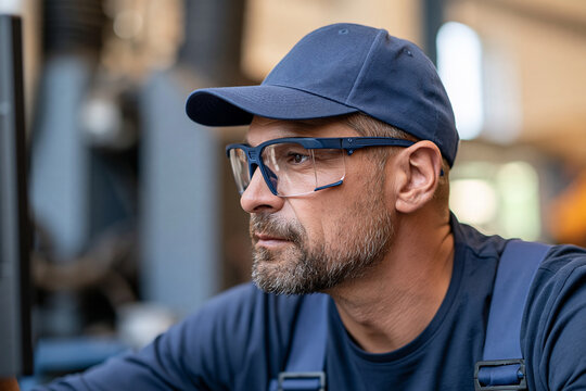 Professional technician man wearing protective glasses and a cap, concentrating on a task, embodying industrial worker focus and safety in a factory setting