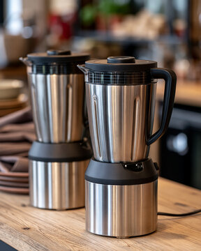 Two modern stainless steel blenders sitting on a wooden kitchen countertop, showcasing contemporary kitchen appliances for healthy cooking and food preparation