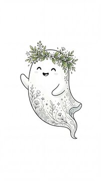 Detailed line art of a cute friendly ghost wearing a flower and leaf crown.