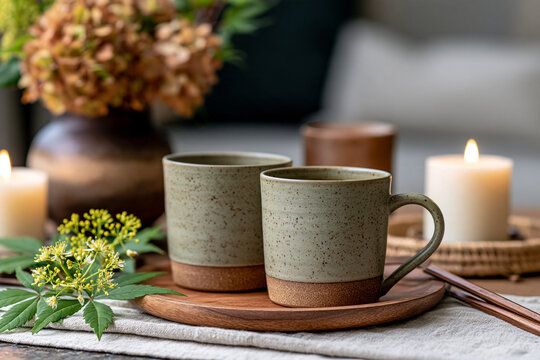 Handcrafted ceramic mugs and cup creating a cozy hygge home atmosphere on a wooden tray with burning candles, natural flowers, and linen fabric, evoking warmth and comfort