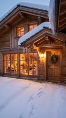 Fototapeta premium Wooden cabin exterior covered in deep snow features glowing windows and a festive wreath on the front door Christmas Eve