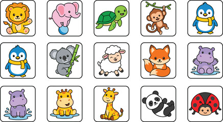 Obraz premium Cute Animal Character Icon Collection with Lion, Elephant, Turtle, Monkey, Penguin, Koala, Sheep, Fox, Hippo, Giraffe, Panda, and Ladybug
