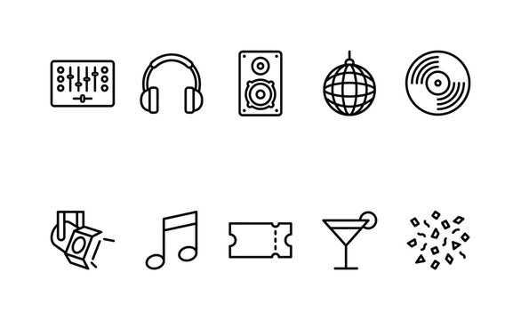 Club Dance Essentials, line icon set featuring DJ mixer, headphones, speaker, disco ball, vinyl record, spotlight, music note, party ticket, cocktail glass and confetti, covering dance party,