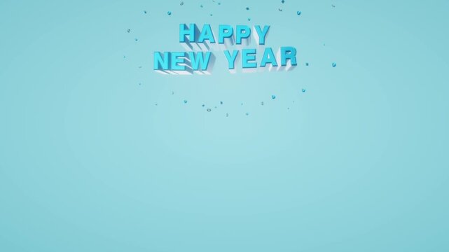 Happy New Year 3D text header hovers above open copy space surrounded by floating geometric confetti on a clean cyan background