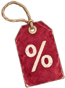 Burgundy Sale Tag with Percent Symbol and Twine Loop Watercolor Illustration