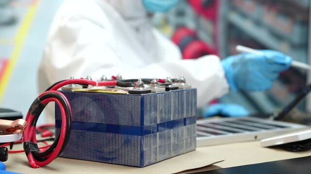 Technician in protective gloves testing a rechargeable battery pack with cables in an electronics workshop.