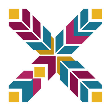 Geometric abstract pattern with teal, magenta, and yellow