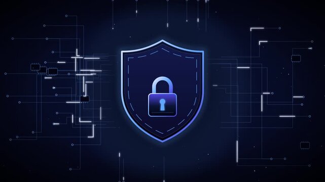 Glowing cybersecurity shield lock with digital circuit lines protecting computer data in dark blue space