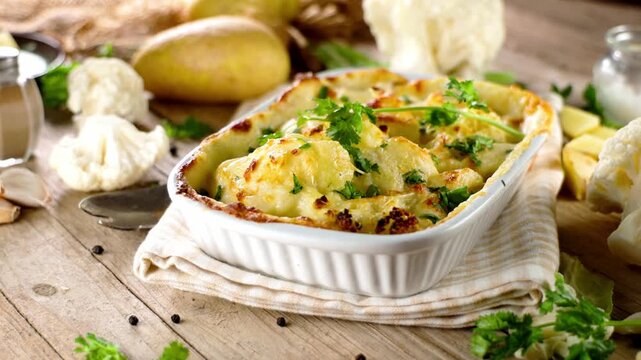 Baked cauliflower and potato gratin in ceramic casserole dish on rustic wooden table