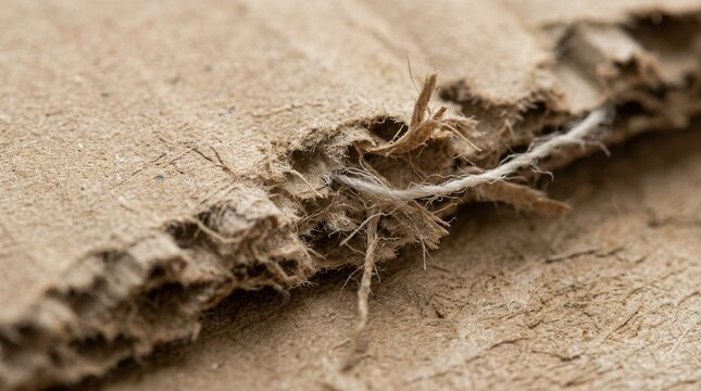 Macro photography of torn brown cardboard with white tear strip texture. Close-up of frayed paper layers and embedded opening string