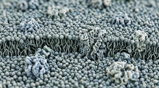 Microscopic view of a cell membrane phospholipid bilayer. Detailed biological texture showing lipid molecules and embedded proteins. Scientific molecular structure background