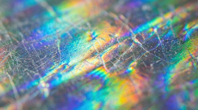 Holographic film texture with rainbow colors. Iridescent metallic surface with scratches and linear pattern. Vibrant abstract background