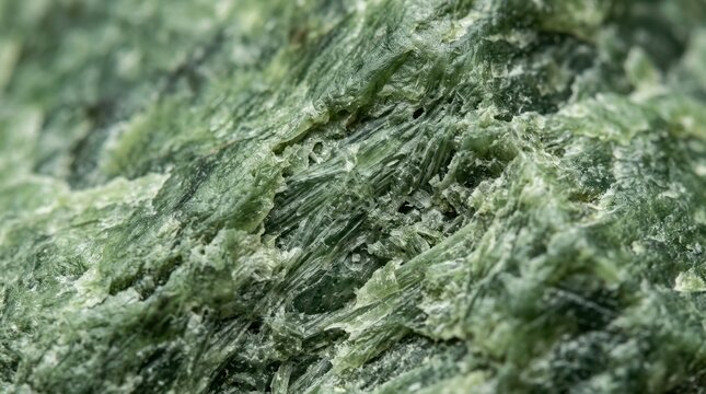 Macro photography of raw green jade nephrite stone. Close up texture of unpolished fibrous mineral surface