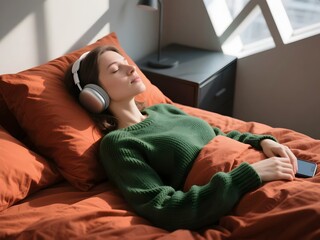 Fototapeta premium Close Up Woman Relaxing on Bed with Wireless Headphones
