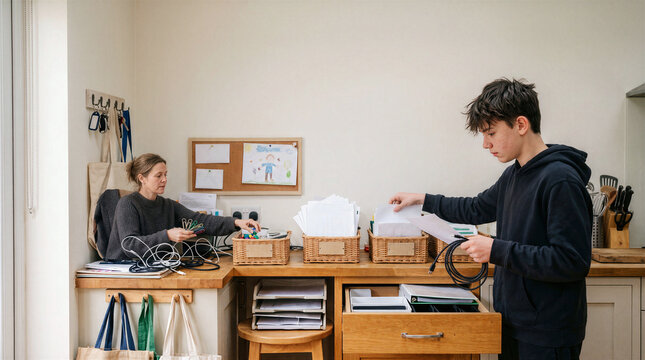 Mother and son organizing household papers and cables together in a home kitchen workspace