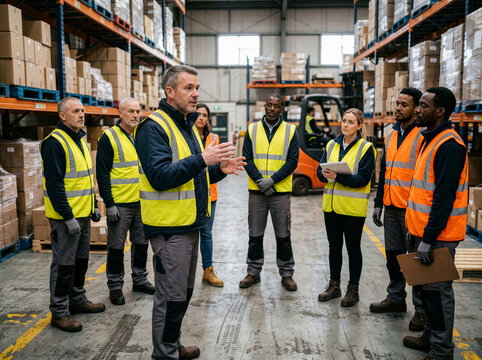 Warehouse supervisor briefing diverse logistics team among stacked boxes and forklift on gray background.