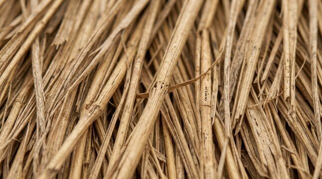 Macro photography of dried grass thatch roof texture. Natural organic material background. Close up detail