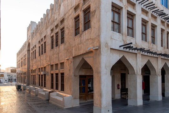 Doha, Qatar - Souq Waqif in Doha, Qatar, showcasing its traditional Qatari architecture, narrow pathways, heritage buildings, shops, and vibrant atmosphere. 