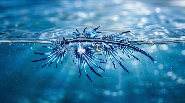 Enchanting Blue Glaucus Dragon Floating on Ocean Surface Symbolizing Exotic Marine Wildlife and Rare Ocean Beauty