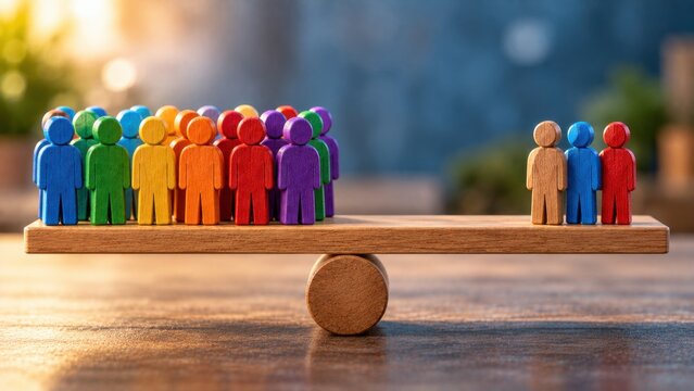Wooden figures on balance scale showing inequality between large diverse crowd and small privileged group.