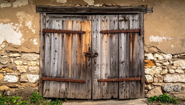 Old rustic wooden door with weathered wood and rusty iron hinges
