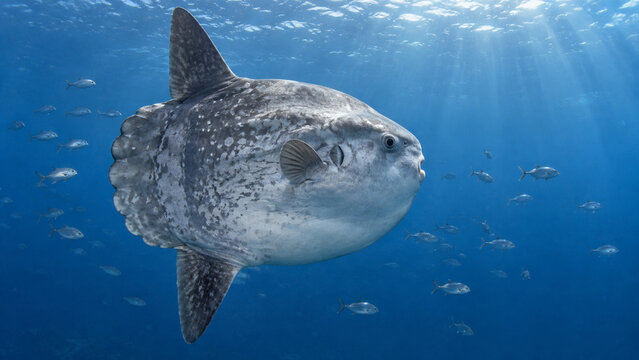 Giant Ocean Sunfish Swimming Underwater in Blue Ocean