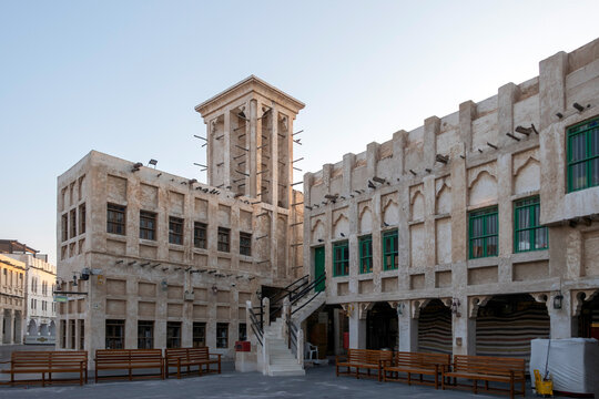 Doha, Qatar - Souq Waqif in Doha, Qatar, showcasing its traditional Qatari architecture, narrow pathways, heritage buildings, shops, and vibrant atmosphere. 