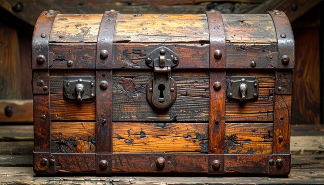 Old wooden treasure chest with aged planks, rusty metal lock and antique character