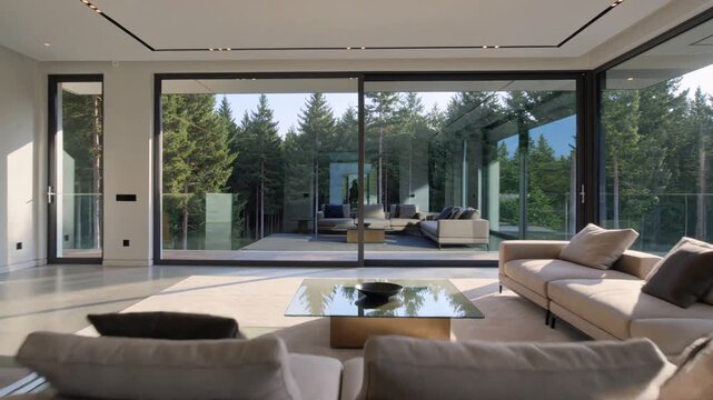 Modern interior of a luxury living room with high ceilings and large panoramic windows overlooking a pine forest