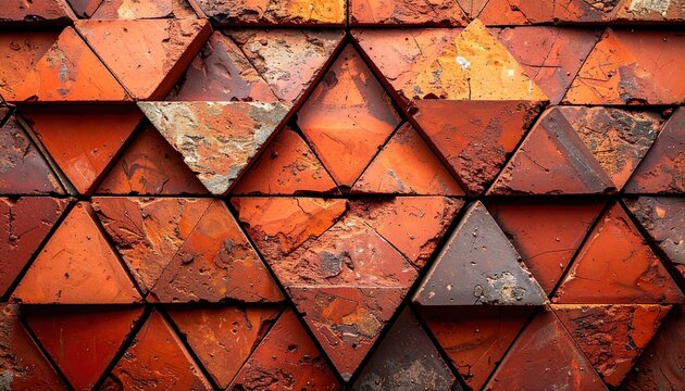 Triangular red clay brick fragment with rough construction material texture