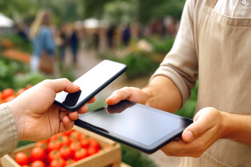 Mobile payment transaction at market stall, digital finance concept © dvoevnore