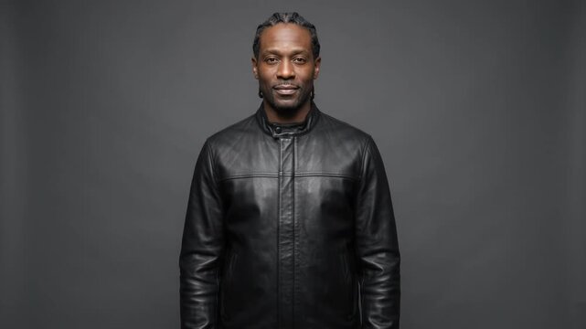 Portrait of confident Black man in leather jacket looking directly at camera