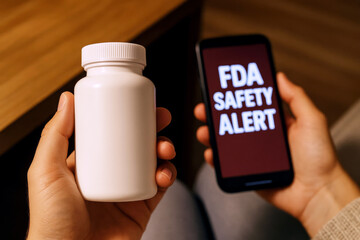 FDA Food and Drug Administration safety alert concept showing person holding pill bottle and phone © dvoevnore