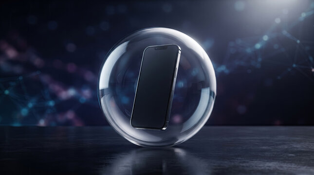 Smartphone inside a transparent protective bubble shield floating on a dark futuristic digital background