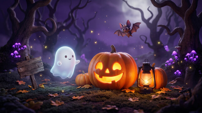 Cute glowing ghost and jack-o'-lantern in a magical forest, isolated on transparent background, perfect for Halloween party design projects and spooky season digital art.