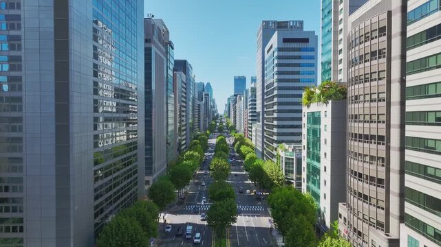 Aerial View of Teheran-ro Business District near Samseong Station in Gangnam, Seoul, South Korea