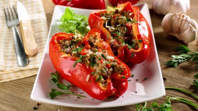 baked red bell pepper stuffed with minced meat rice and herbs on white plate rustic wooden background