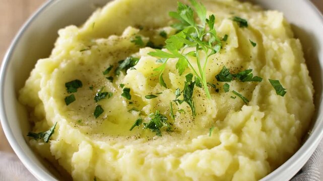 Homemade mashed potatoes with parsley and butter in ceramic bowl close up