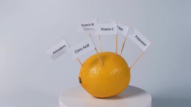 A lemon rotates in close view with antioxidants, potassium, fiber, citric acid, vitamin C and vitamin B6 flags. Beneficial fruit compounds and balanced diet concept