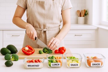 Healthy meal prep plan with fresh vegetables and labeled containers © dvoevnore