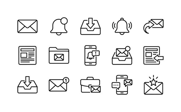 New Email Alerts, line icon set featuring envelope, notification badge shape, inbox tray, bell, receive arrow, newsletter card without text, mail folder, smartphone, covering new email, incoming