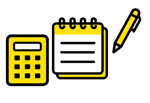 Calculator notepad and pen icon set in yellow for desk work