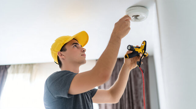 professional maintenance technician repairing a fixture inside a contemporary rental apartment, realistic tools and environment, natural working posture,