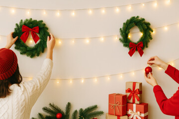 Christmas decoration scene with wreaths and gifts on white wall © dvoevnore