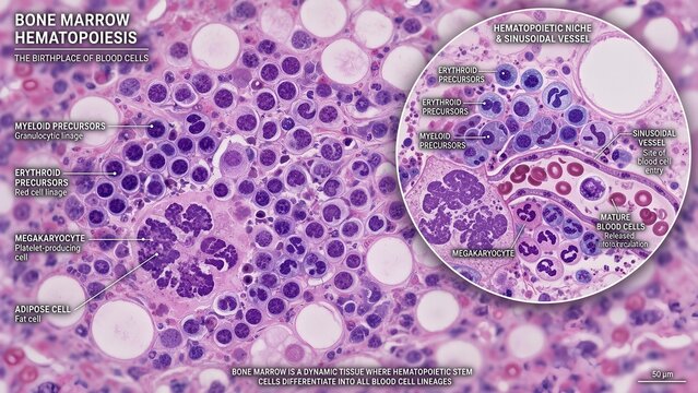 Detailed bone marrow histology section highlighting active hematopoietic niches, sinusoidal vessels, myeloid precursors, megakaryocytes, and fat cells featuring a descriptive zoomed inset