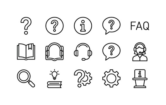 Question Help Symbols, line icon set featuring question mark, help circle, information symbol, speech bubble, support headset, guide book, search magnifier, tooltip card, covering help, question, FAQ,