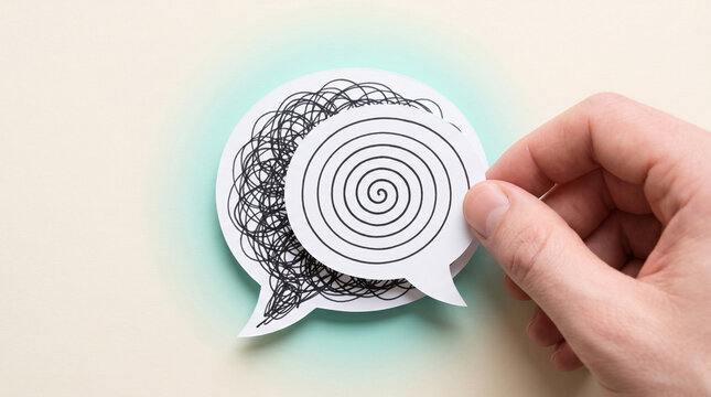 Hand holding speech bubble illustration with abstract swirls representing thought process on light background with symbolizing complex thinking ideas lines spiral symbolizing