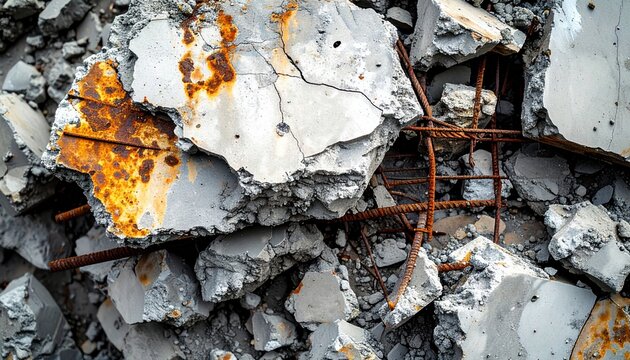 Broken concrete chunk with exposed rusted rebar, construction rubble texture