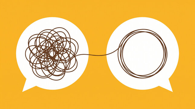 Tangled line in speech bubble transforms into neat circle in other speech bubble with against yellow background circle another white artificial intelligence problem solving